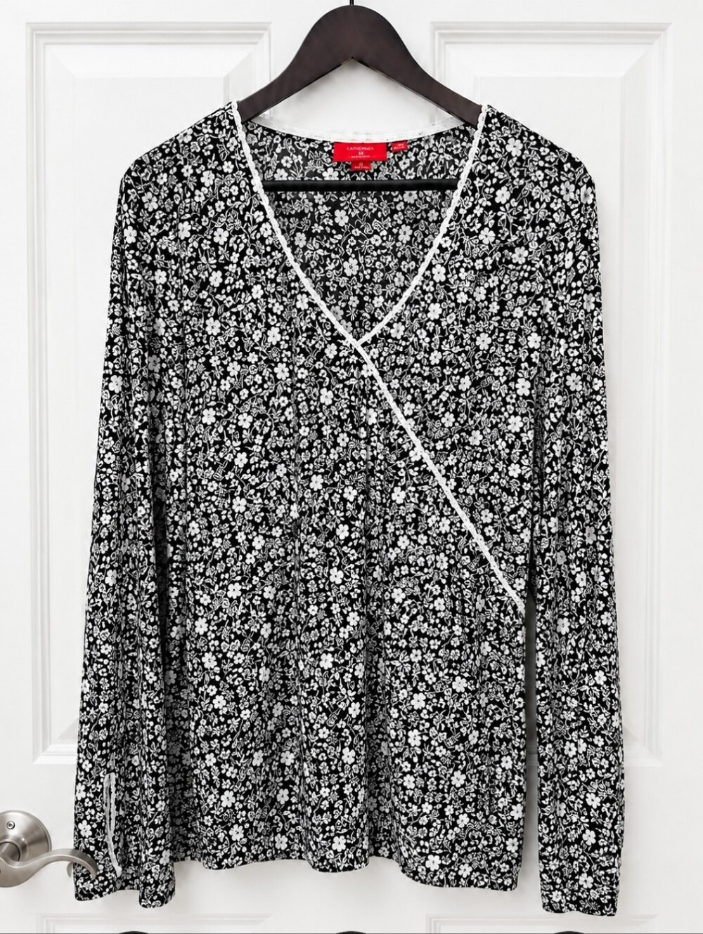 Oscar By Oscar De La Renta Black White Ditsy Floral Print Faux Wrap Top Sz XL